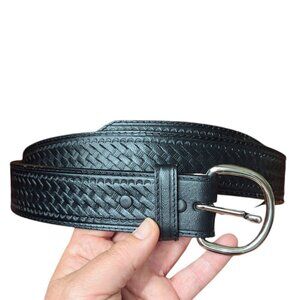Badger Woven  Leather Belt Black Silver Tone Round Buckle XL Classic